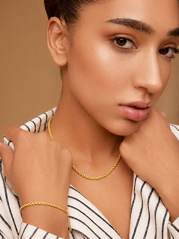 Demi Fine 18k Gold Plated Stainless Steel Twisted Rope Chain & Bracelet Set