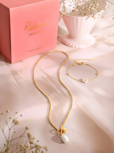 Demi Fine 18k Gold Plated Stainless Steel Pearl Necklace & Bracelet Set