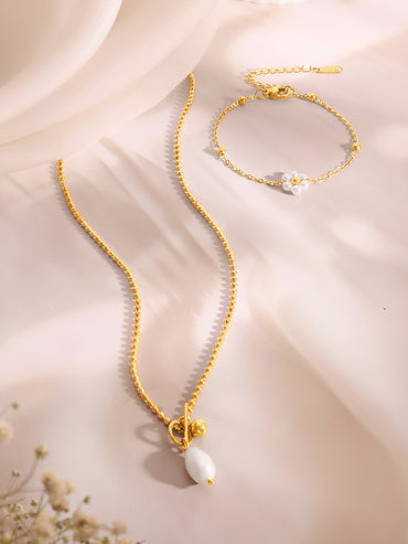 Demi Fine 18k Gold Plated Stainless Steel Pearl Necklace & Bracelet Set