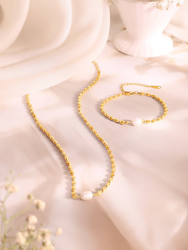 Demi Fine 18k Gold Plated Stainless Steel Beaded Pearl Necklace & Bracelet Set