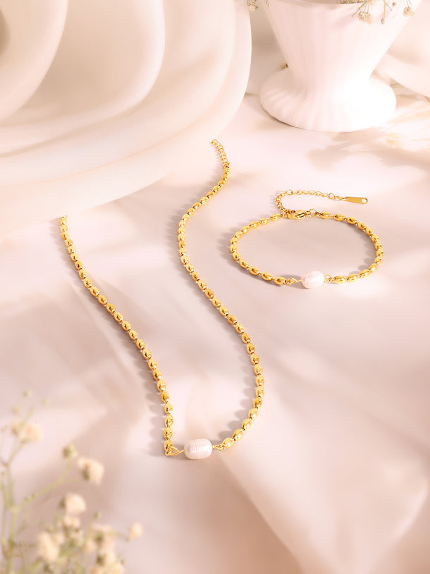 Demi Fine 18k Gold Plated Stainless Steel Beaded Pearl Necklace & Bracelet Set