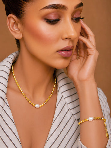 Demi Fine 18k Gold Plated Stainless Steel Beaded Pearl Necklace & Bracelet Set