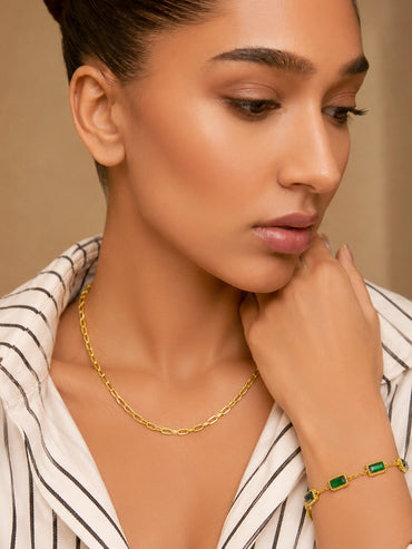 Demi Fine 18k Gold Plated Stainless Steel Paperclip Necklace With Emerald Crystal Bracelet Set