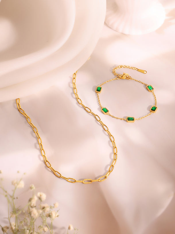 Demi Fine 18k Gold Plated Stainless Steel Paperclip Necklace With Emerald Crystal Bracelet Set