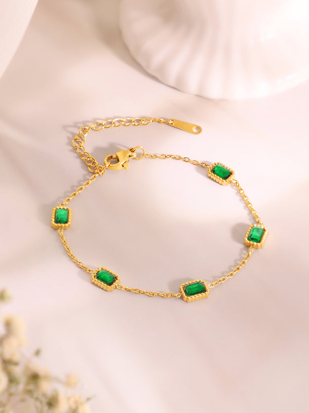 Demi Fine 18k Gold Plated Stainless Steel Paperclip Necklace With Emerald Crystal Bracelet Set