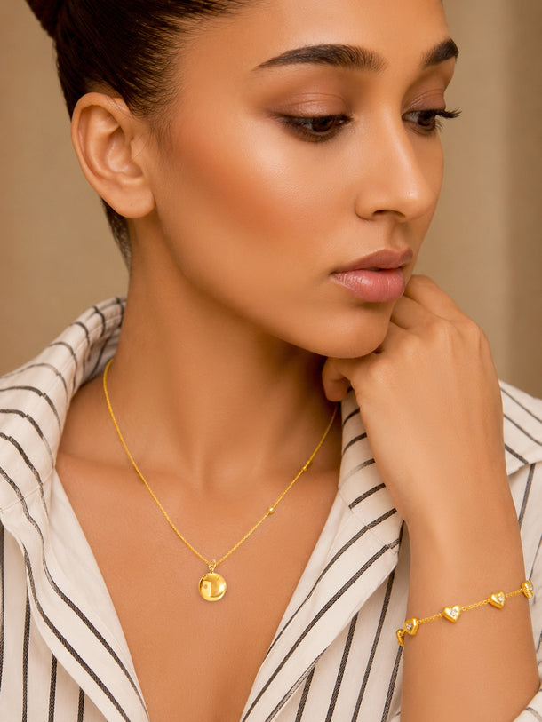 Demi Fine 18k Gold Plated Stainless Steel Minimal Ball Pendant Paired With Heart Charm Bracelet Set