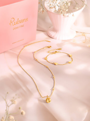 Demi Fine 18k Gold Plated Stainless Steel Minimal Ball Pendant Paired With Heart Charm Bracelet Set