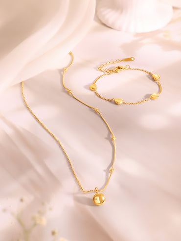 Demi Fine 18k Gold Plated Stainless Steel Minimal Ball Pendant Paired With Heart Charm Bracelet Set