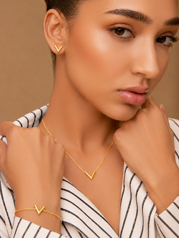 Demi Fine 18k Gold Plated Stainless Steel V Design Combo Set