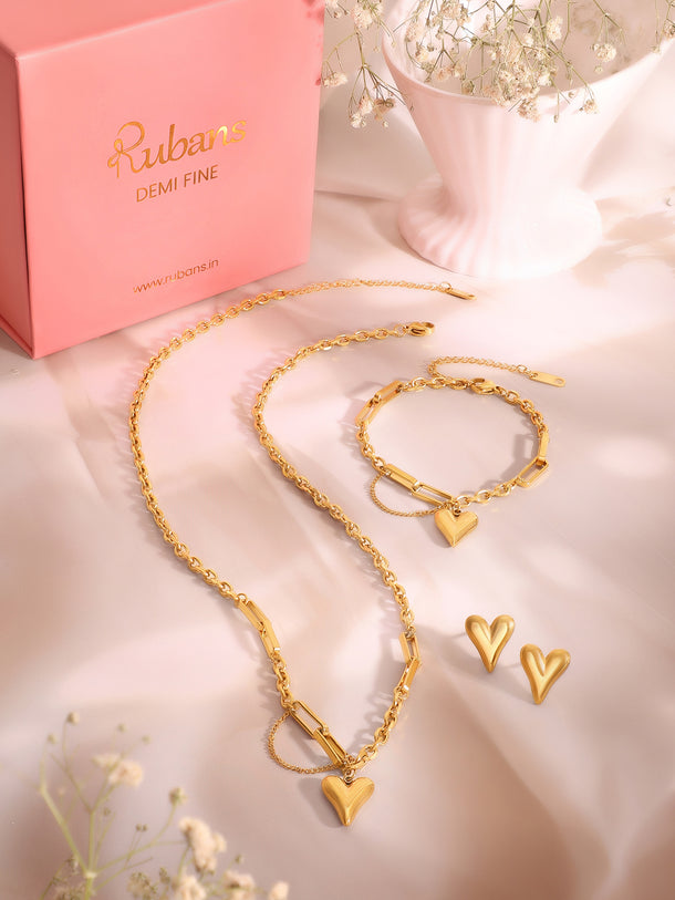 Demi Fine 18k Gold Plated Stainless Steel Heart Motif Combo Set