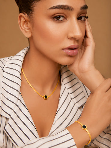 Demi Fine 18k Gold Plated Stainless Steel Black Enamel Necklace & Bracelet Set