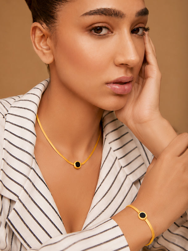 Demi Fine 18k Gold Plated Stainless Steel Black Enamel Necklace & Bracelet Set