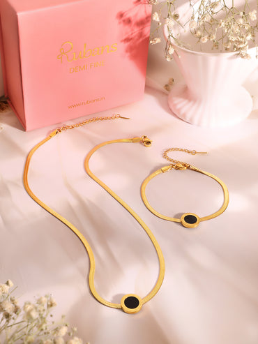 Demi Fine 18k Gold Plated Stainless Steel Black Enamel Necklace & Bracelet Set