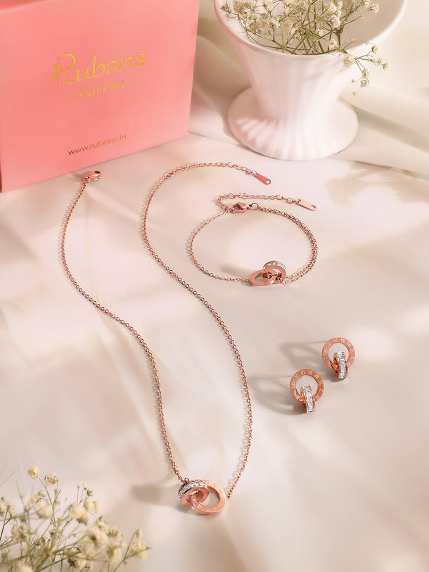 Demi Fine 18k Rose Gold Plated Stainless Steel Interlocked Design Combo Set