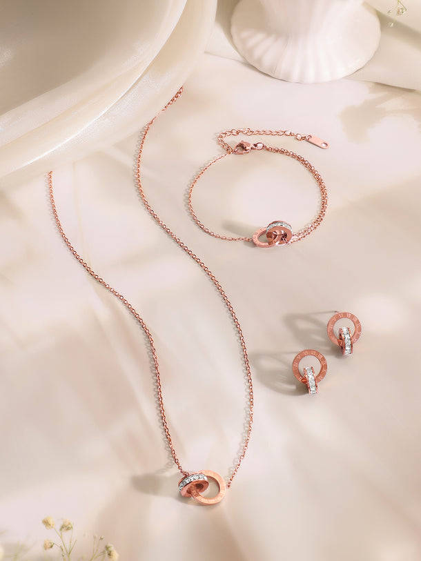 Demi Fine 18k Rose Gold Plated Stainless Steel Interlocked Design Combo Set