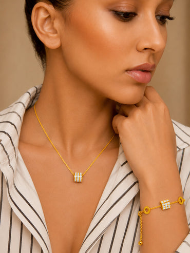 Demi Fine 18k Gold Plated Stainless Steel Coin Charm Bracelet Paired With Crystal Necklace Set