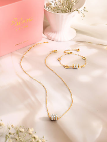 Demi Fine 18k Gold Plated Stainless Steel Coin Charm Bracelet Paired With Crystal Necklace Set