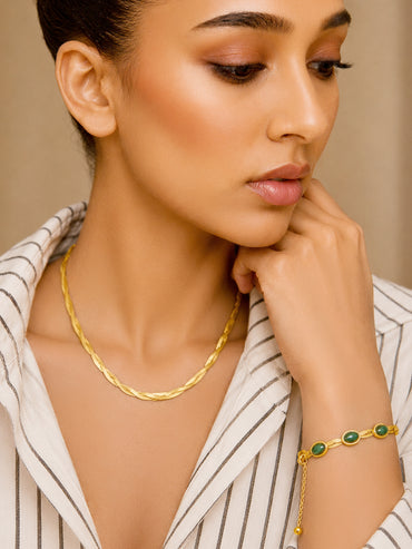 Demi Fine 18k Gold Toned Stainless Steel Snake Design Necklace With Emerald Green Statement Bracelet Set
