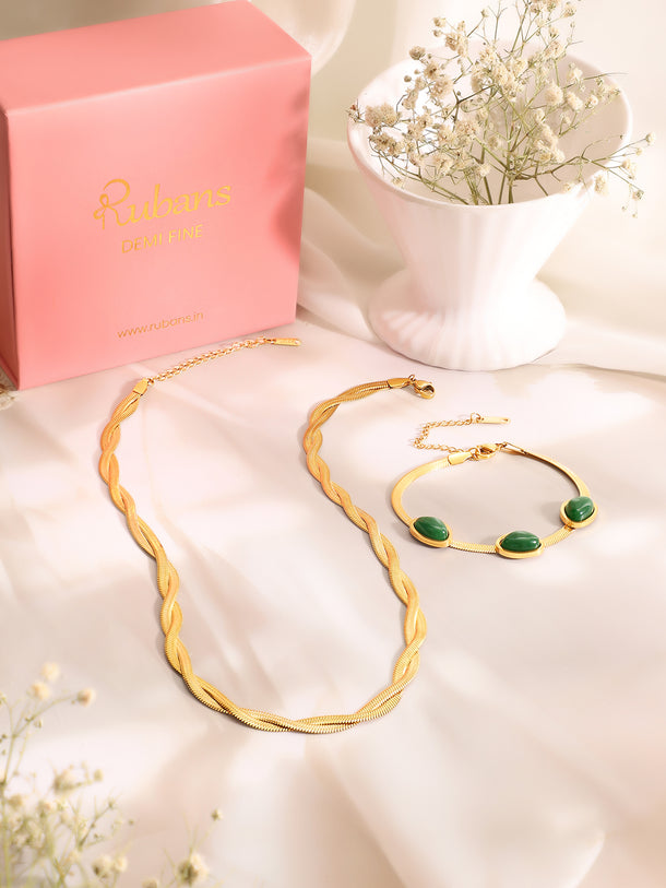 Demi Fine 18k Gold Toned Stainless Steel Snake Design Necklace With Emerald Green Statement Bracelet Set