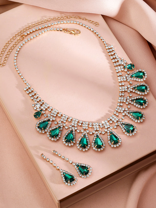 Green Teardrop American Diamond Zirconia Necklace Set