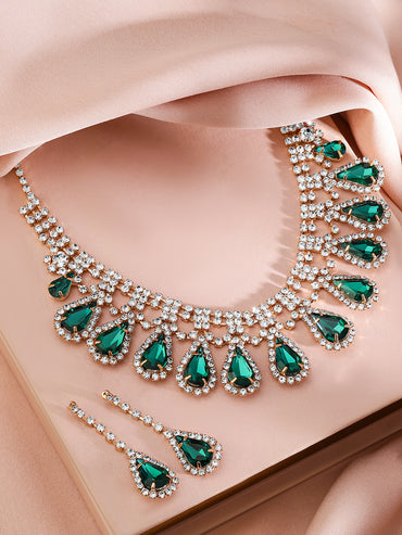 Green Teardrop American Diamond Zirconia Necklace Set