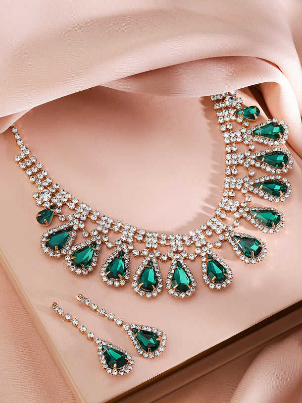 Green Teardrop American Diamond Zirconia Necklace Set