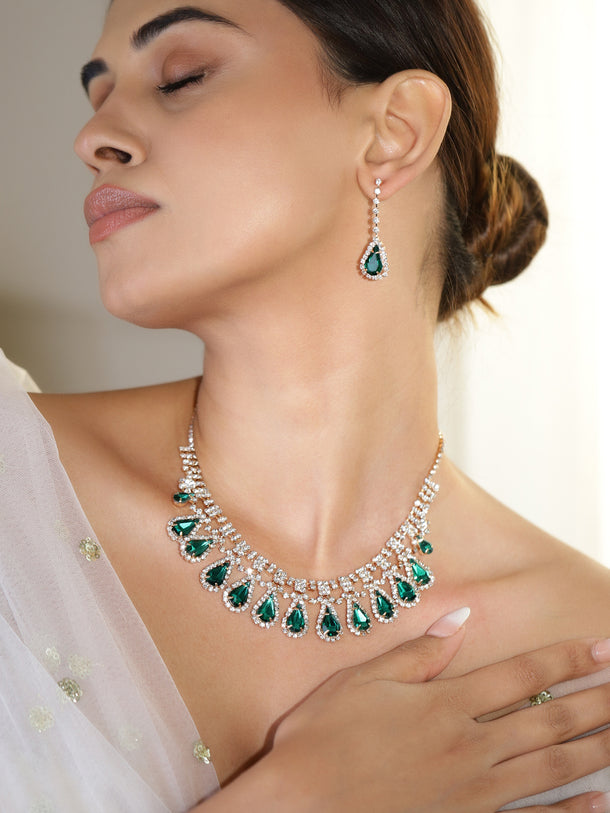 Green Teardrop American Diamond Zirconia Necklace Set
