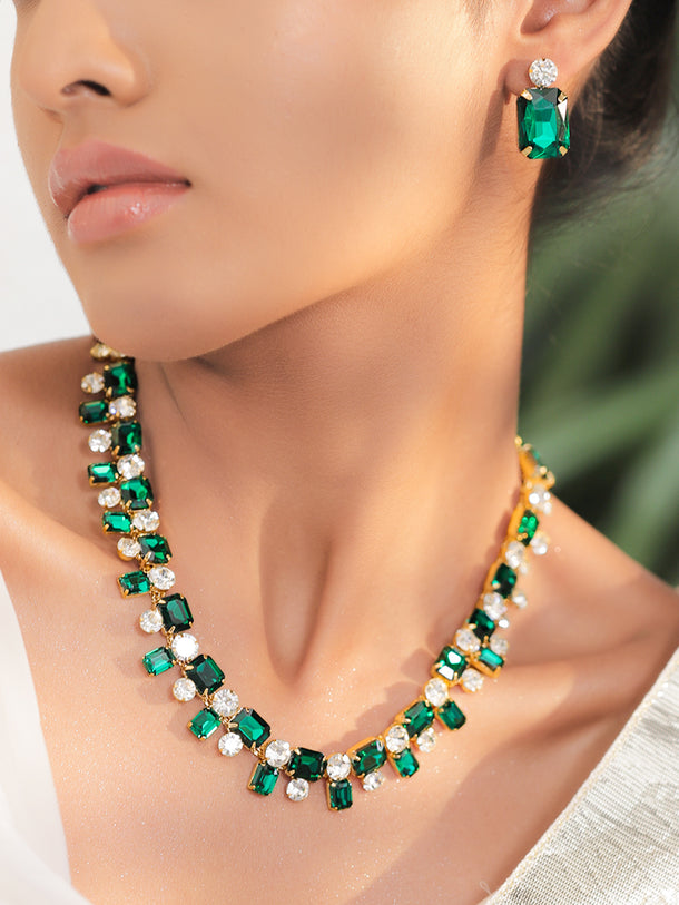 Emerald & Crystal Gold Toned Necklace Set