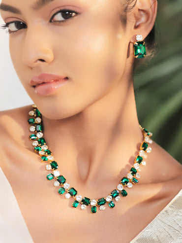 Emerald & Crystal Gold Toned Necklace Set
