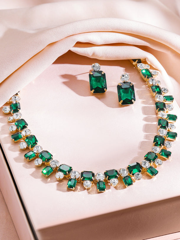 Emerald & Crystal Gold Toned Necklace Set