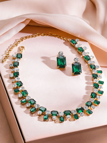 Emerald & Crystal Gold Toned Necklace Set
