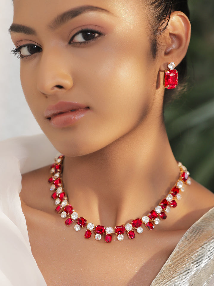 Rubans 18K Gold-Plated Ruby Red Crystal AD & White Cubic Zirconia Studded Necklace Set