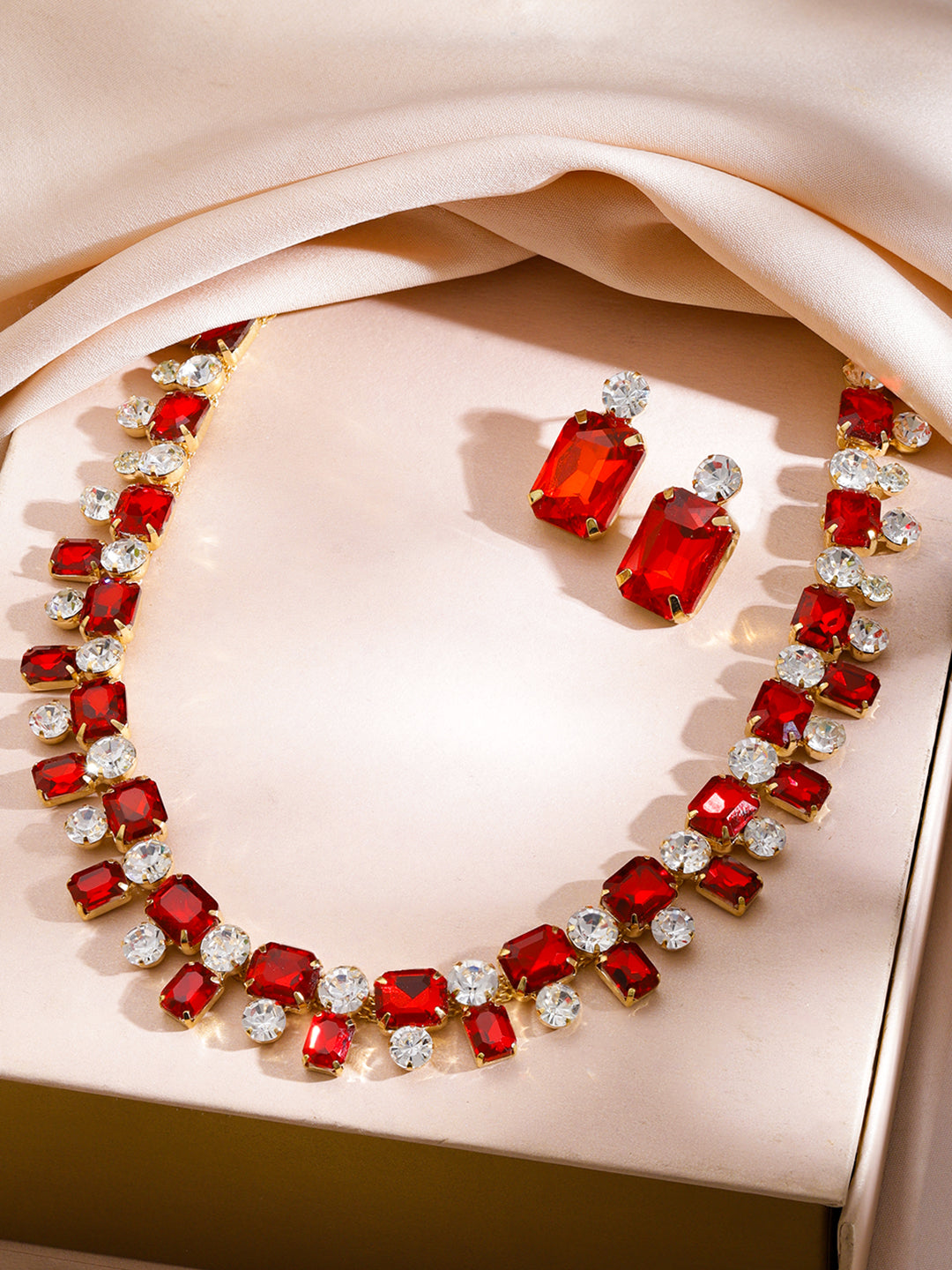 Rubans 18K Gold-Plated Ruby Red Crystal AD & White Cubic Zirconia Studded Necklace Set