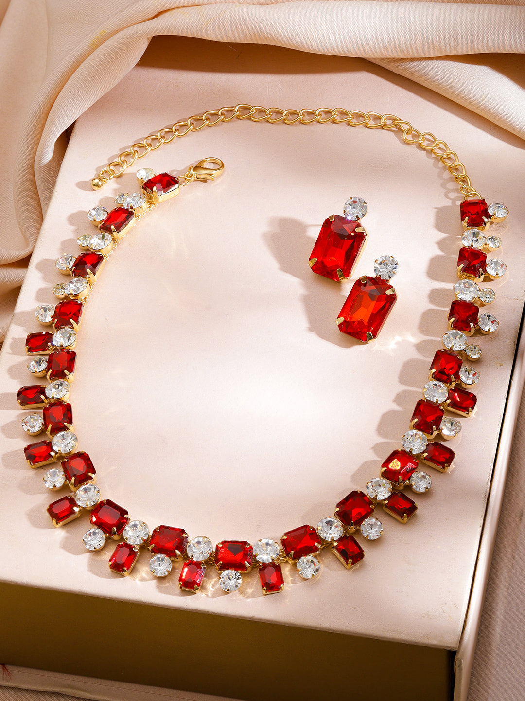 Rubans 18K Gold-Plated Ruby Red Crystal AD & White Cubic Zirconia Studded Necklace Set