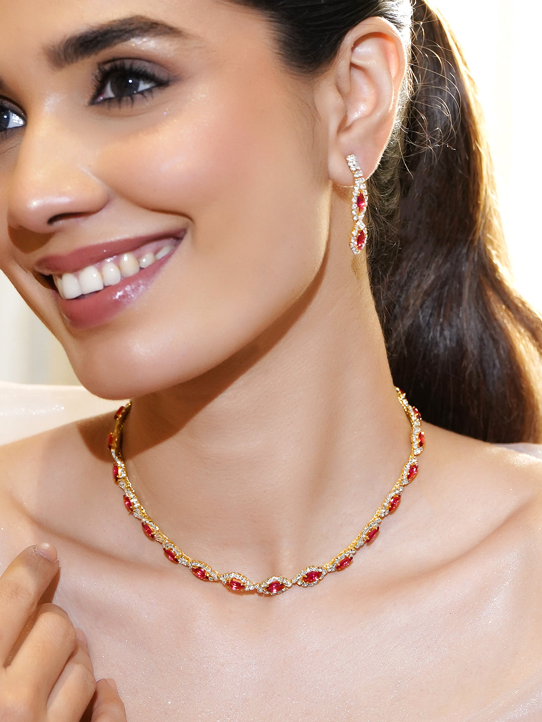 Ruby Pink Minimalist Zirconia Necklace Set