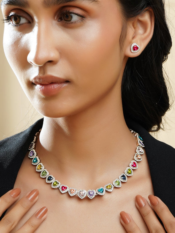 Rubans Rhodium-Plated Brass Multicolour Crystal Gemstone Necklace & Bracelet Set