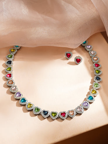 Rubans Rhodium-Plated Brass Multicolour Crystal Gemstone Necklace & Bracelet Set