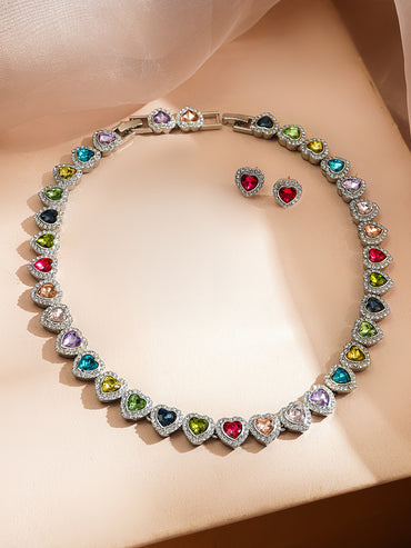 Rubans Rhodium-Plated Brass Multicolour Crystal Gemstone Necklace & Bracelet Set