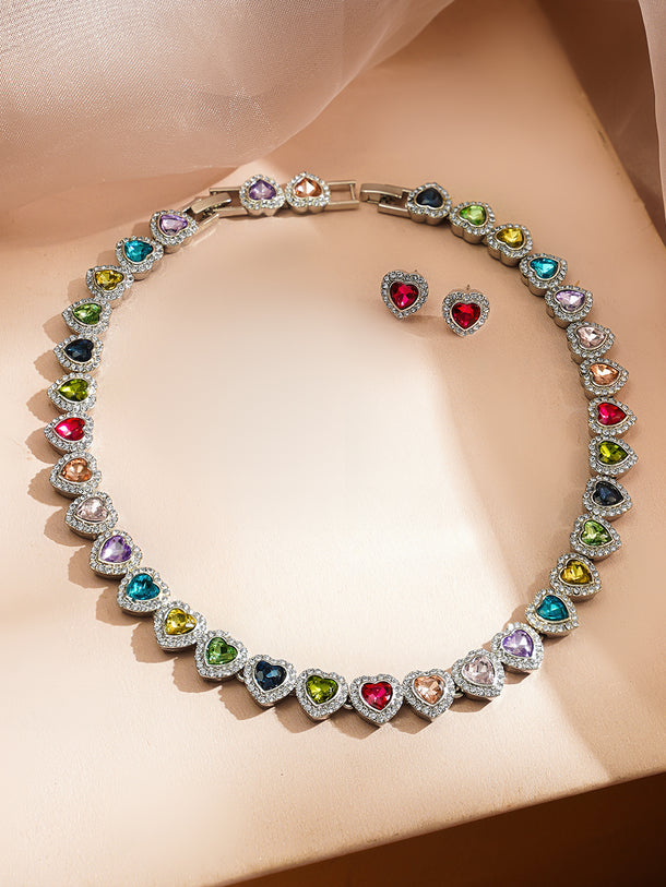 Rubans Rhodium-Plated Brass Multicolour Crystal Gemstone Necklace & Bracelet Set