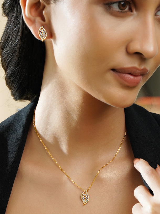 American Diamond Zirconia Leaf Pendant Necklace Set