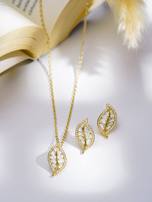 American Diamond Zirconia Leaf Pendant Necklace Set