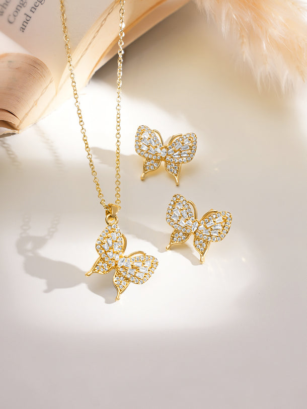 Rubans 18K Gold-Plated Butterfly Design Cubic Zirconia Pendant Necklace Set