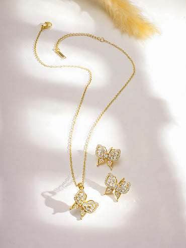 Rubans 18K Gold-Plated Butterfly Design Cubic Zirconia Pendant Necklace Set