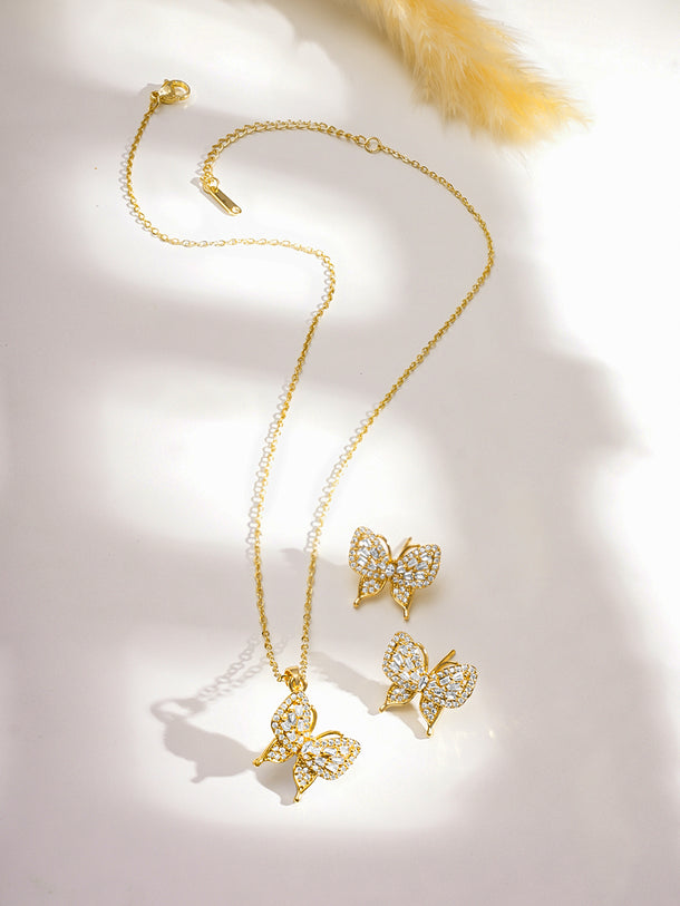 Rubans 18K Gold-Plated Butterfly Design Cubic Zirconia Pendant Necklace Set