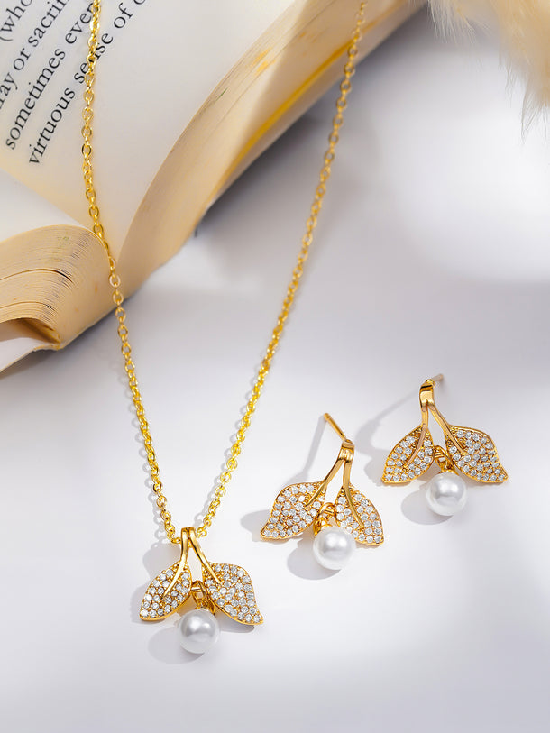 Rubans 18K Gold-Plated Flora Pearl Drop Pendant Set with Sparkling Crystal Accents