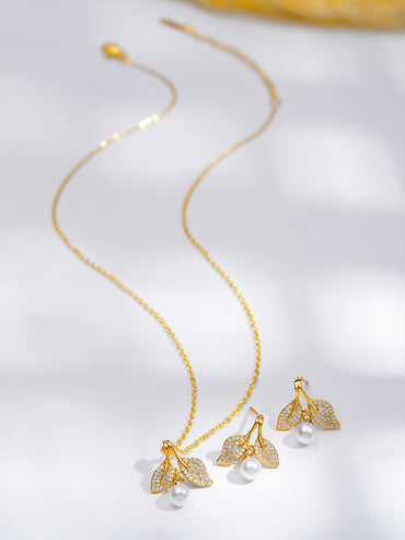 Rubans 18K Gold-Plated Flora Pearl Drop Pendant Set with Sparkling Crystal Accents