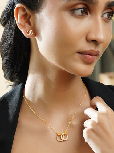 Rubans 18K Gold Plated Interlocked C Cubic Zirconia Pendant Necklace Set