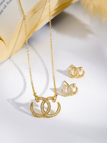 Rubans 18K Gold Plated Interlocked C Cubic Zirconia Pendant Necklace Set