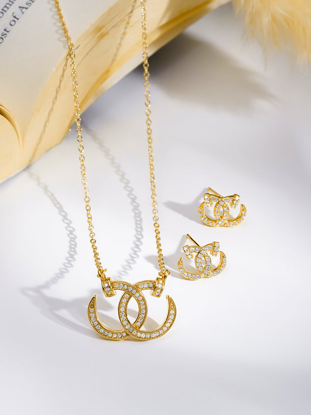 Rubans 18K Gold Plated Interlocked C Cubic Zirconia Pendant Necklace Set