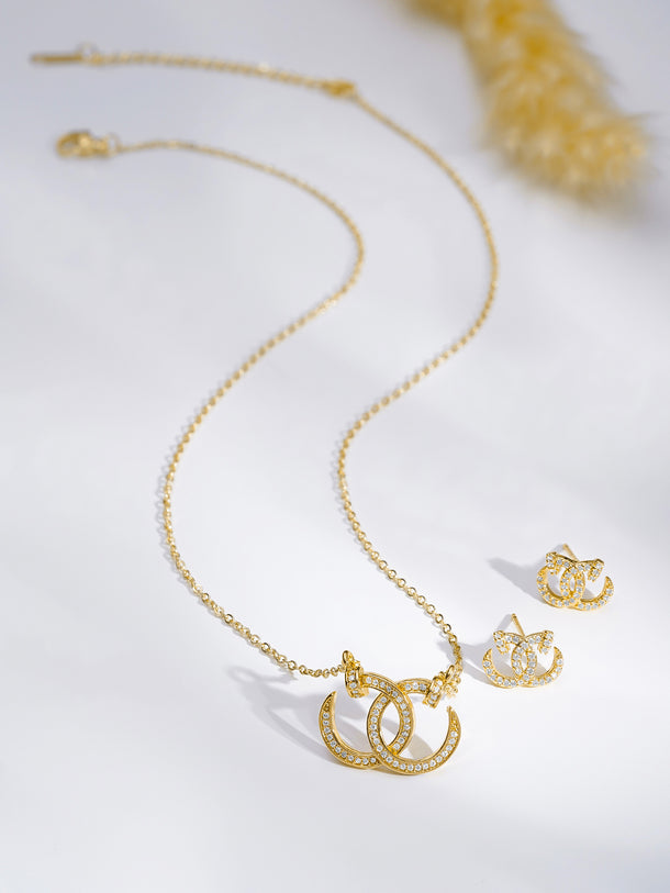 Rubans 18K Gold Plated Interlocked C Cubic Zirconia Pendant Necklace Set